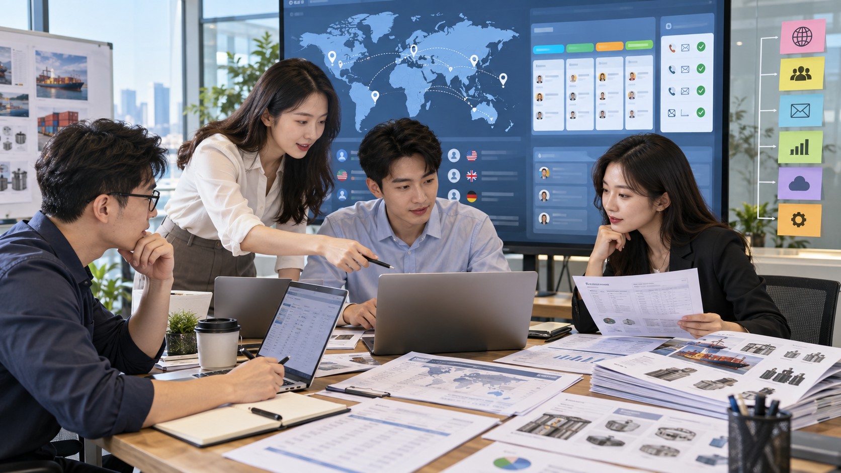 AI-generated realistic export sales operations scene reviewing customer development platform capabilities