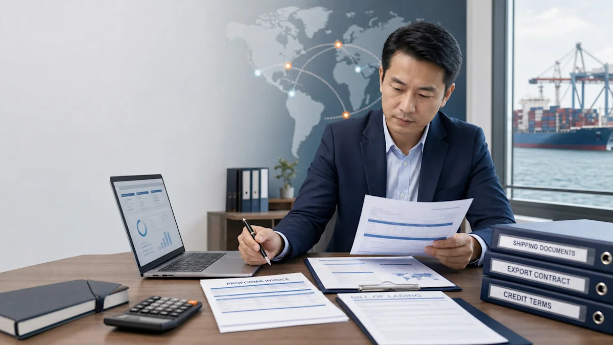 AI-generated editorial business scene for export payment terms and credit-period negotiation