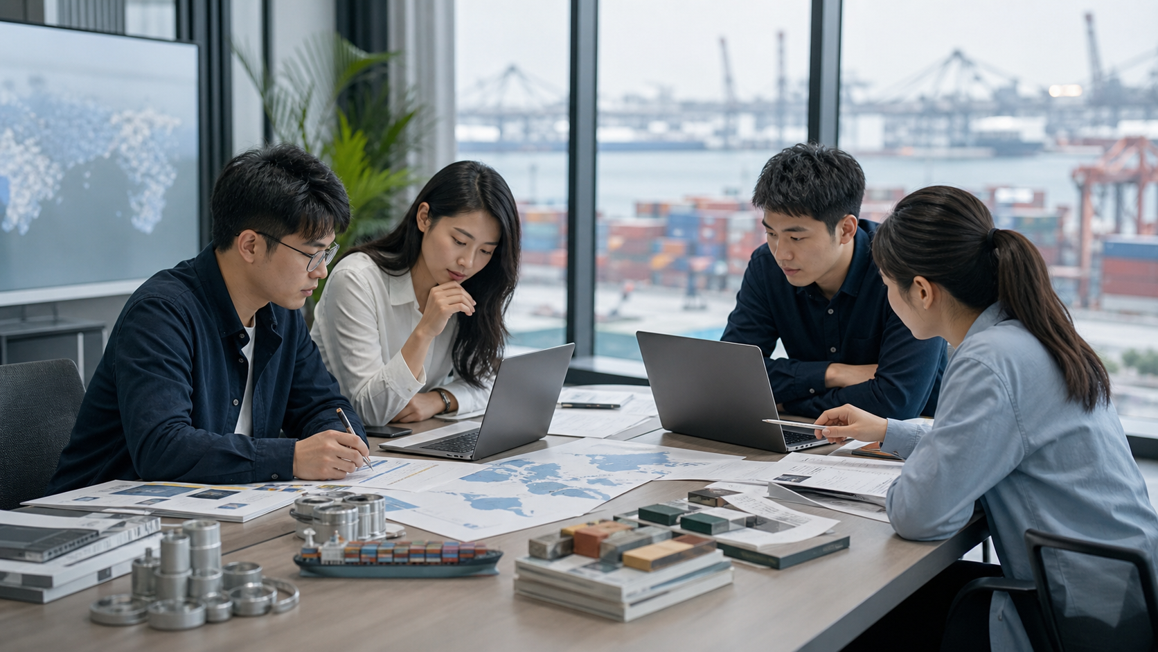 AI-generated realistic business scene for a foreign trade customer development methodology article