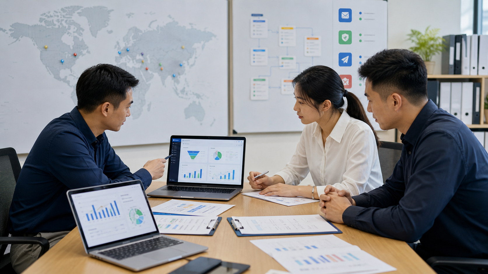 Documentary-style business scene for export sales teams reviewing lead qualification, automation boundaries and follow-up workflow