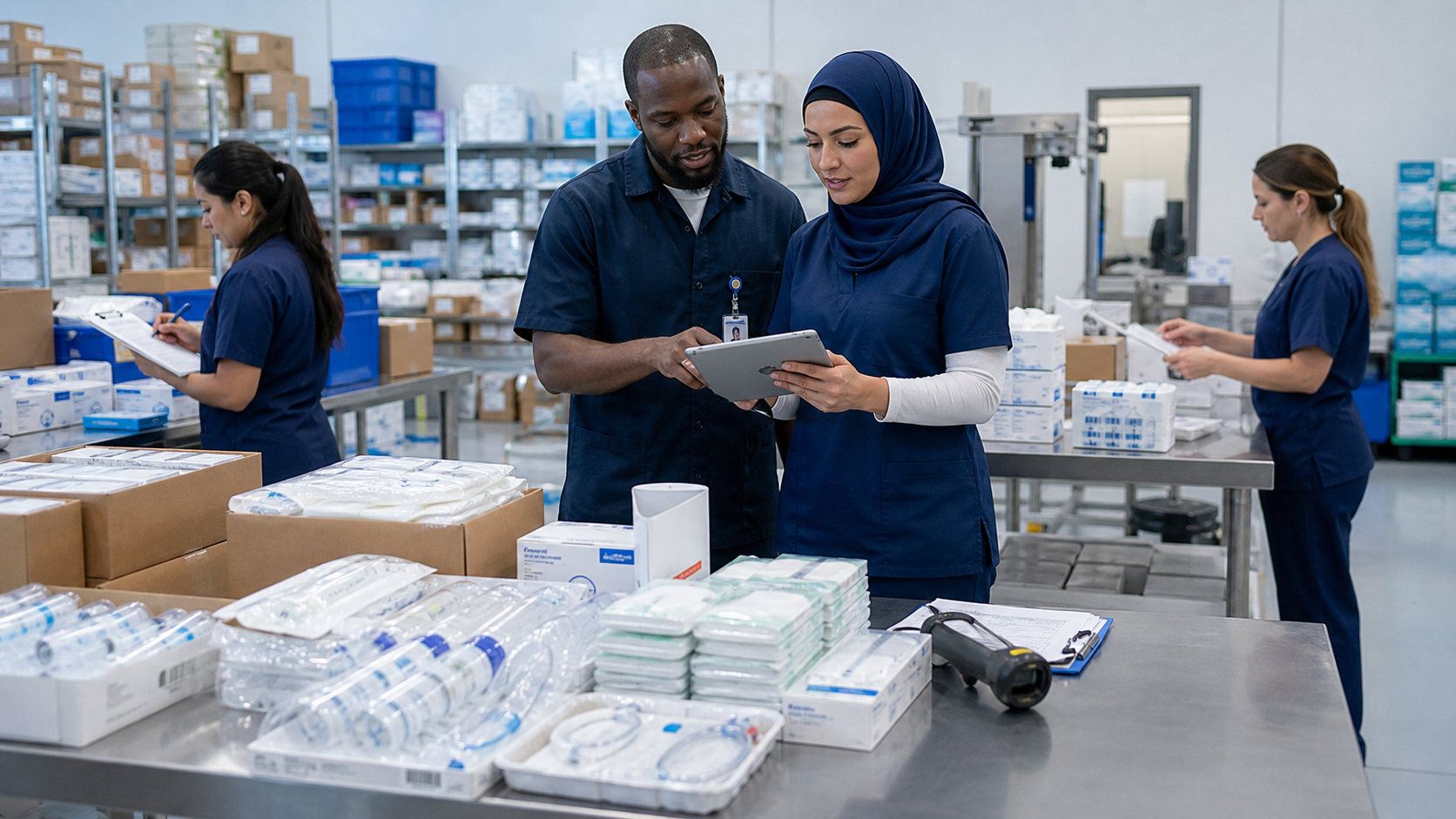 Documentary-style business scene for medical consumables procurement, quality review and export distribution
