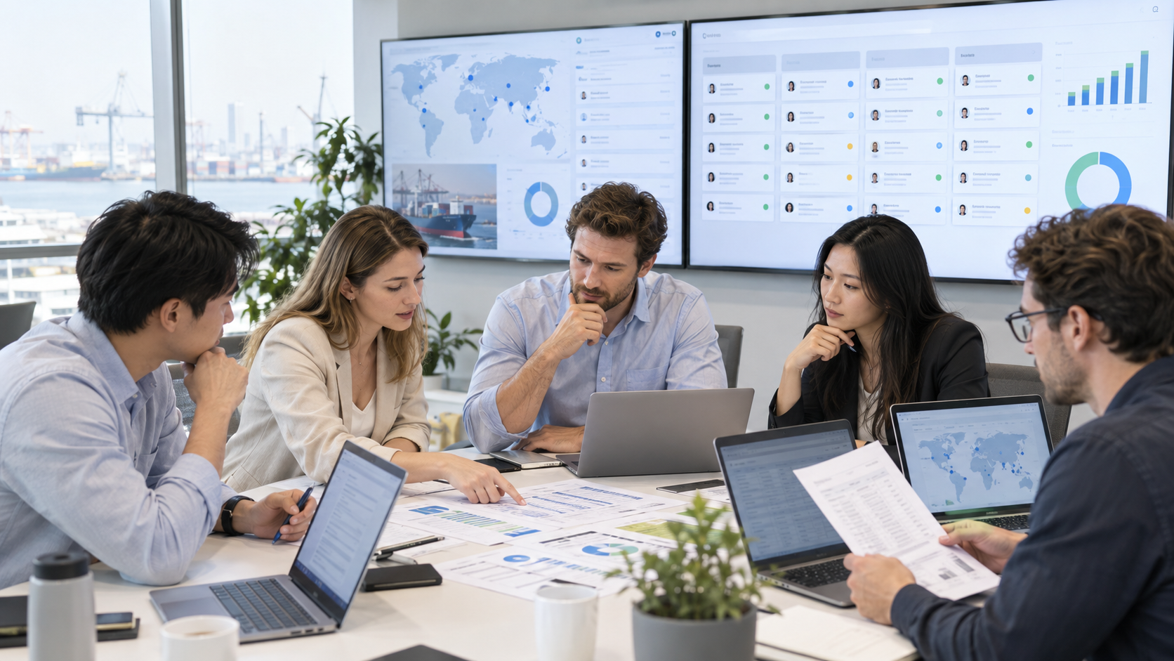 AI-generated realistic business scene of an export team reviewing customer discovery, contact validation, email follow-up and CRM handoff
