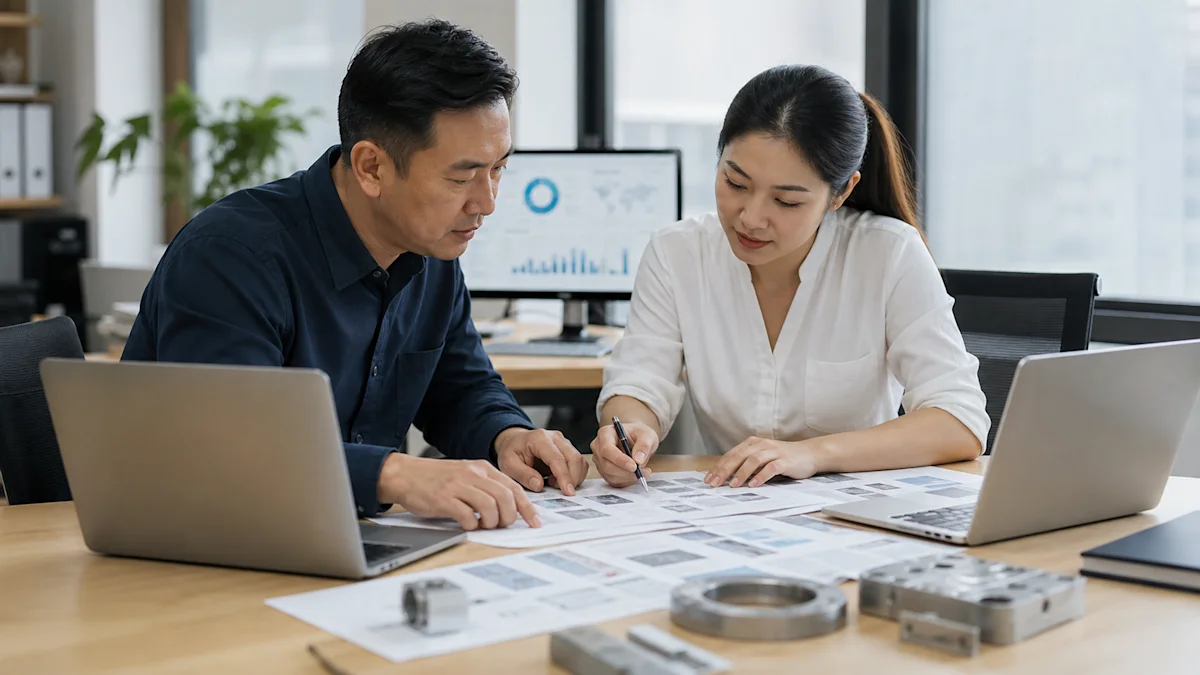 Documentary-style business scene for planning export website buyer questions and AI search content