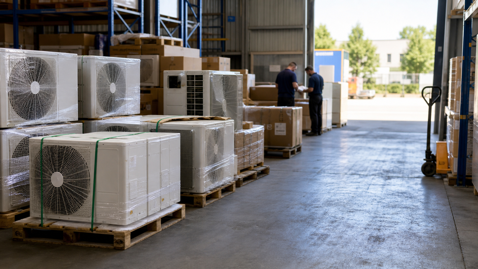 Documentary-style editorial scene for European heatwave cooling demand and HVAC channel development