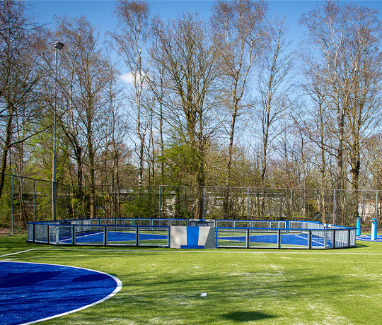 A small, fenced sports court with blue and green flooring is surrounded by tall trees. The sky is clear and sunny, casting shadows of the trees and fence onto the court. The court has a goalpost at one end and appears to be set up for a ball game.