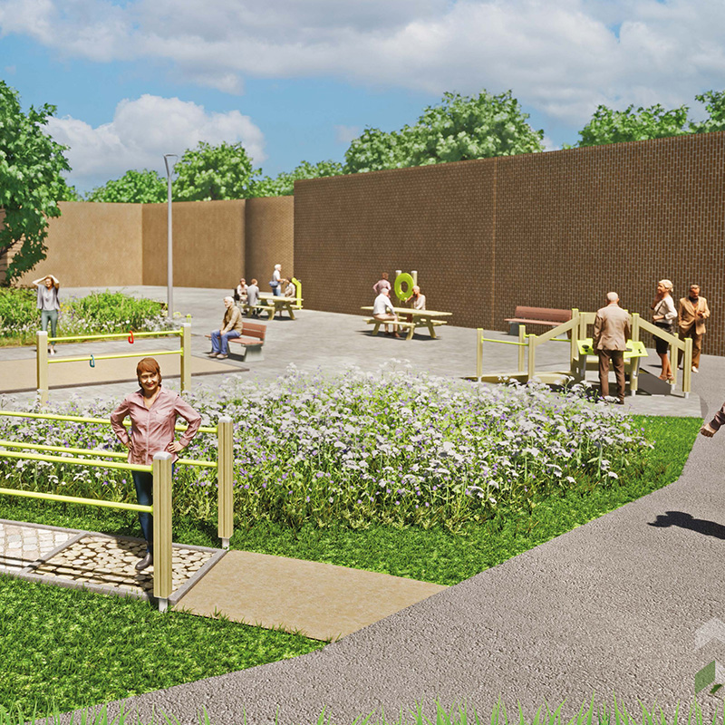 Rendering of an Exercise Garden featuring senior sports equipment, benches, tables, and pathways.