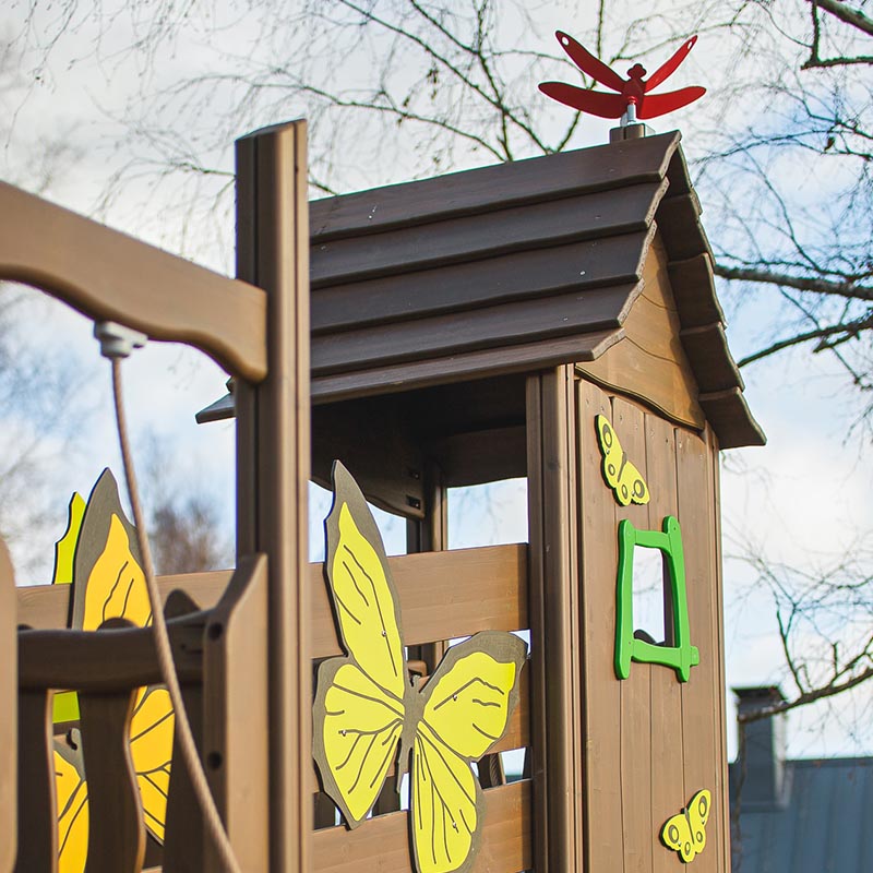 The tailored play tower has been adorned with a colorful variety of different butterfly shapes
