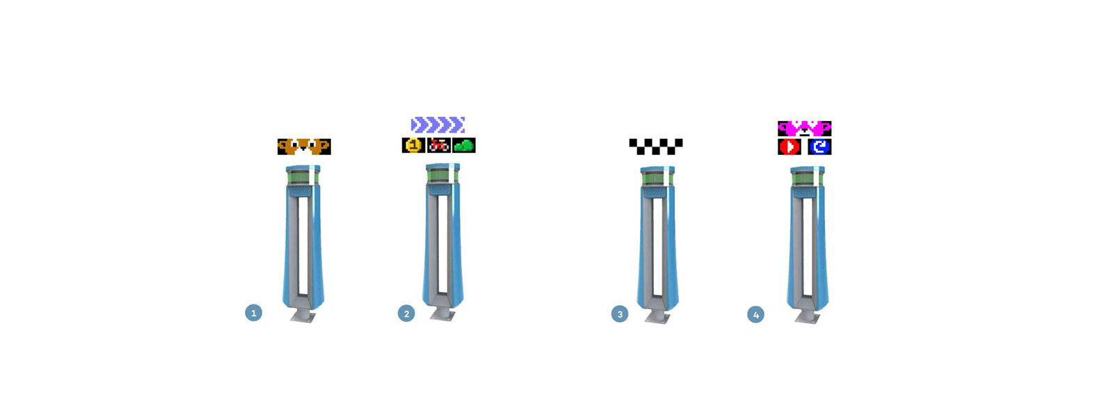 Four stylized syringe-like objects are shown in a horizontal sequence, each labeled with distinct icons and numbers at the top. From left to right, they are numbered 1 to 4. The objects appear to follow a progressive theme with different graphical elements above them.