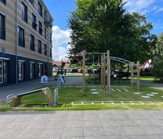 Exercise garden with senior sports equipment, including rings, ladders, and balance beams.