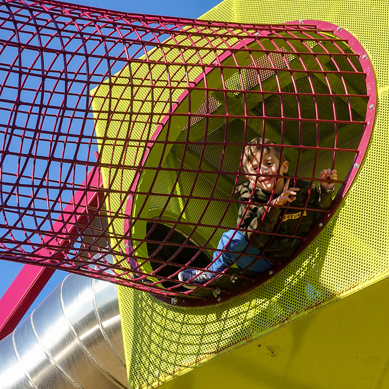 A boy playing in the Dino playground equipment