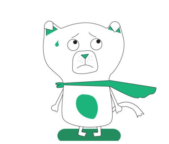 An illustration of a worried-looking white cat with a green patch on its belly, green inner ears, and a green tear drop above its right eye. The cat is wearing a green cape and standing on a green oval platform, looking slightly to the left.