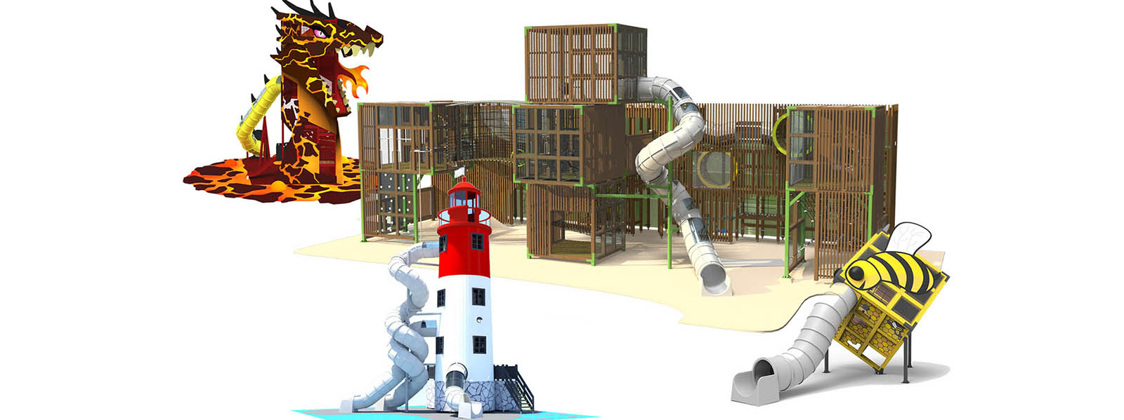 Bespoke playground renderings: Vertical Maze, Dragon, Lighthouse, Beehive