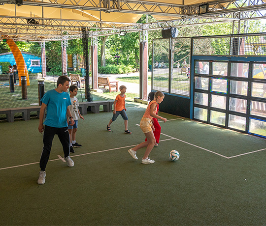 Several children are playing soccer on an indoor grass field. One child is kicking the ball while three others follow closely. The area has a roof and netting, with outdoor greenery visible in the background.