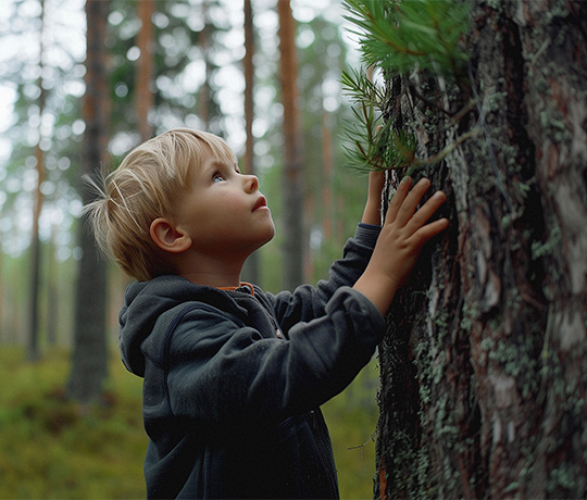 Nuori poika tummassa hupparissa koskettaa puun kaarnaa metsän keskellä ja katsoo ylöspäin. Taustalla näkyy lisää puita, luoden metsäisen tunnelman. Kuvassa välittyy uteliaisuus ja yhteys luontoon.