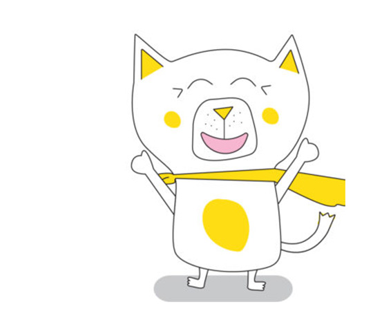 A cheerful cartoon cat with white fur, yellow spots, and a yellow scarf smiles widely and raises both arms in the air. The cat has closed eyes and stands on its hind legs against a plain white background.