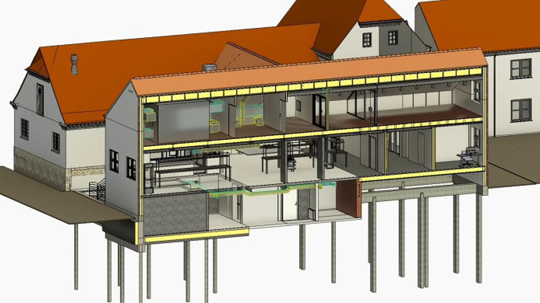 3D visualisering. Snittet viser det kommende vinrum øverst til højre.