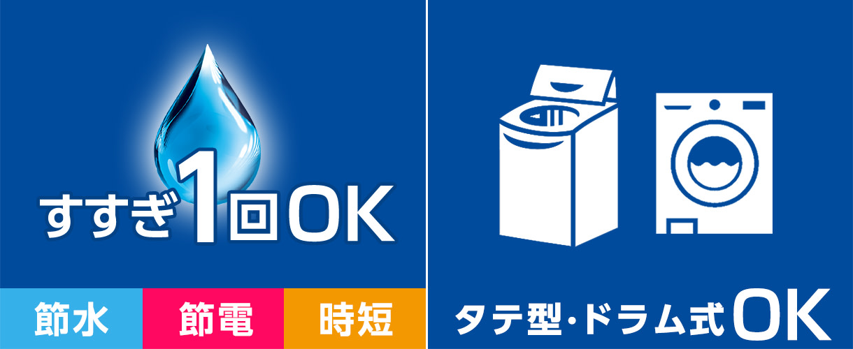 すすぎ1回OKで節水・節電・時短。タテ型でも、ドラム式でもOK