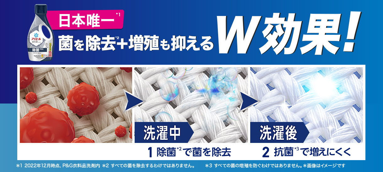 日本唯一　漂白剤なしで除菌＋抗菌のW効果。