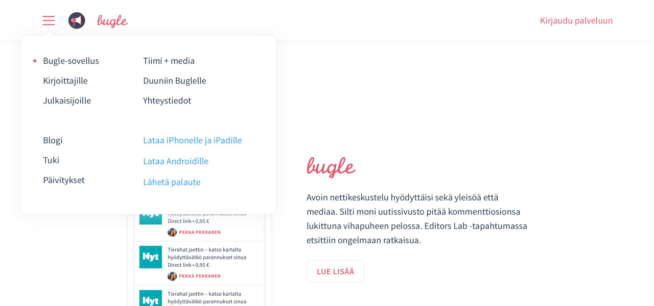 Bugle web: Menu
