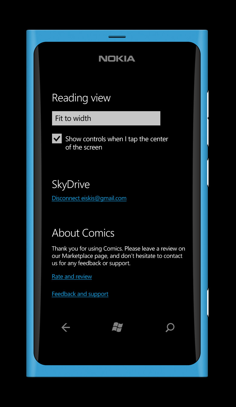 Comics for Windows Phone: settings