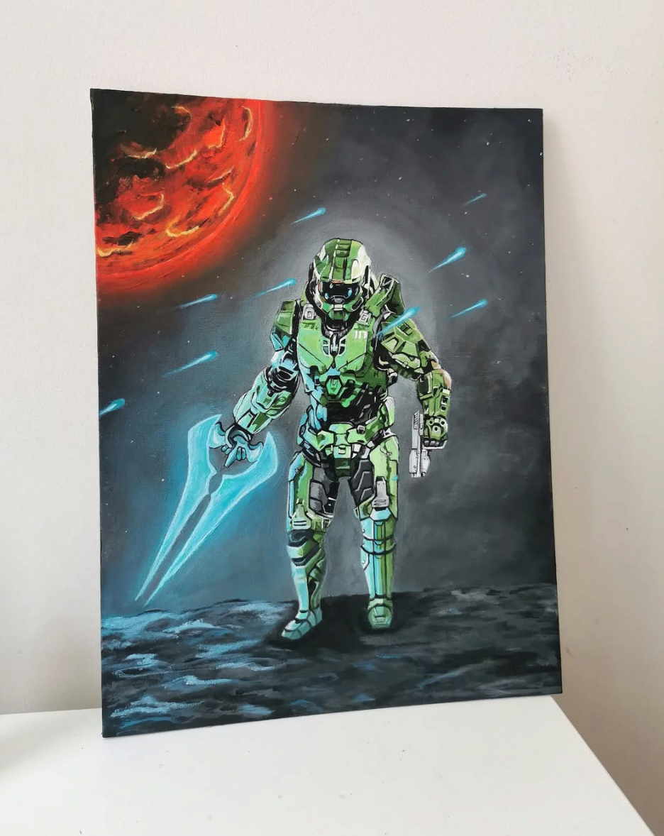 Halo master chief acrylic painting on A3 canvas board