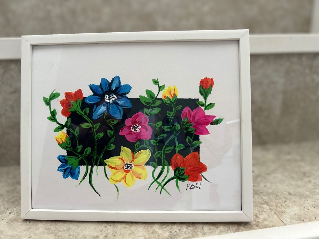 Framed Floral Gouache Painting 