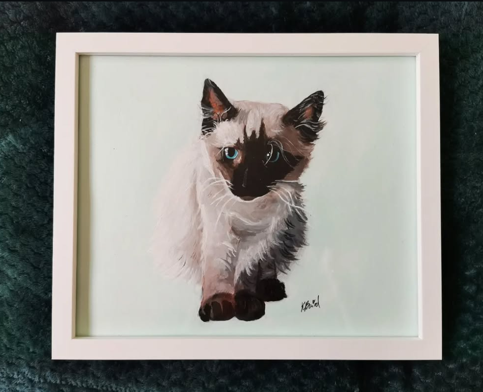 Pet portrait of Chica A4 gouache and acrylic painting.