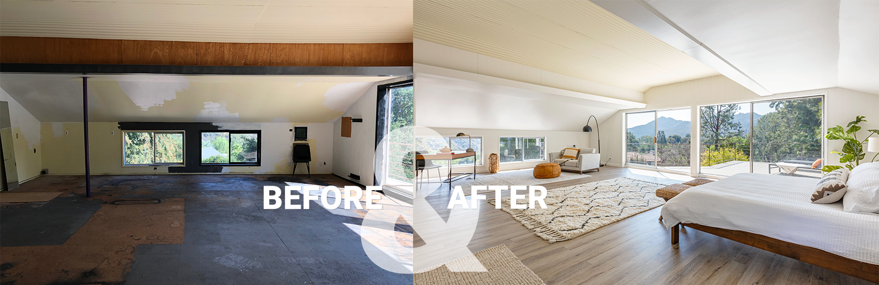 Dramatic transformation of a spacious bedroom, with floor to ceiling windows, before and after a RealVitalize renovation