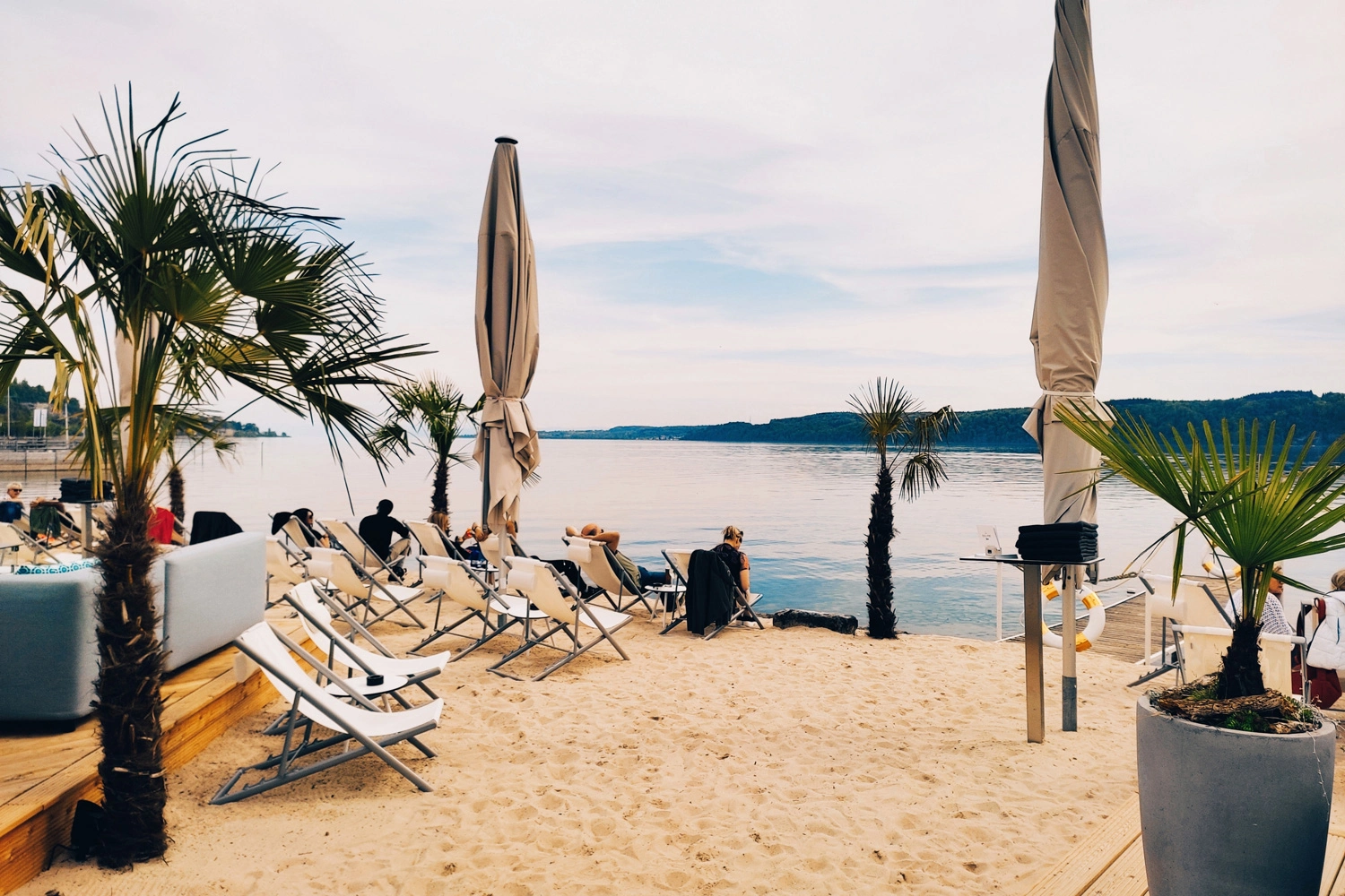 Sandstrand mit Liegestühlen, Palmen und Sonnenschirmen an einer Beachbar direkt am Bodensee, mit Blick auf das ruhige Wasser und die bewaldeten Ufer im Hintergrund.