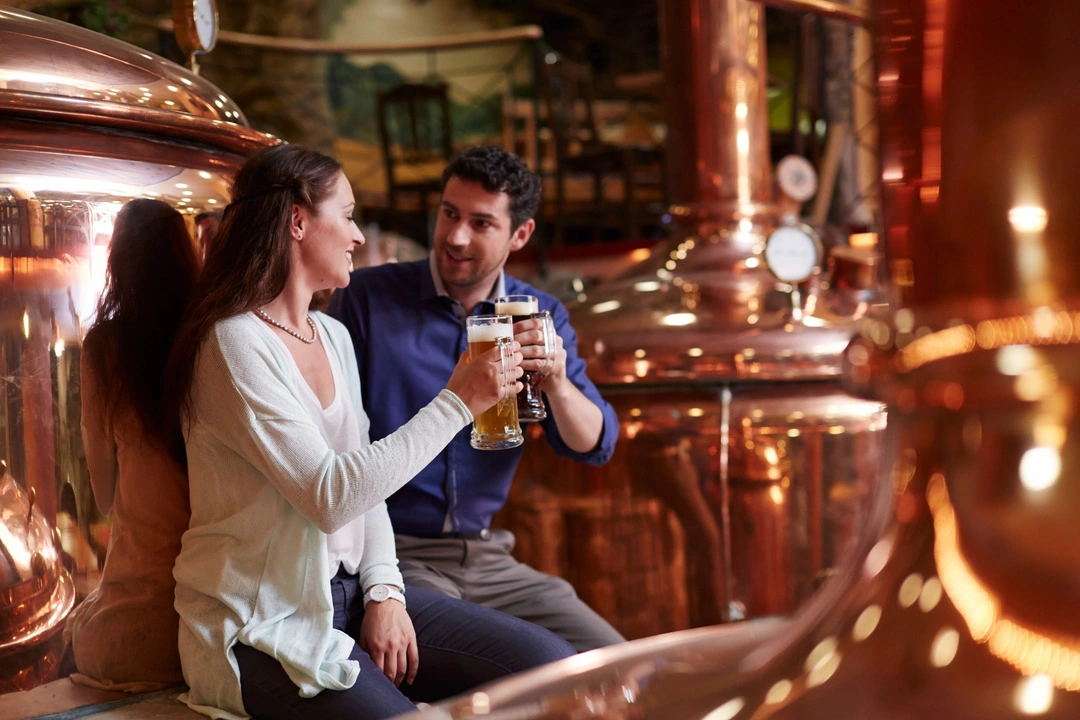 Two people clink glasses of beer. They are in a brewery and many copper-colored brewing kettles can be seen.