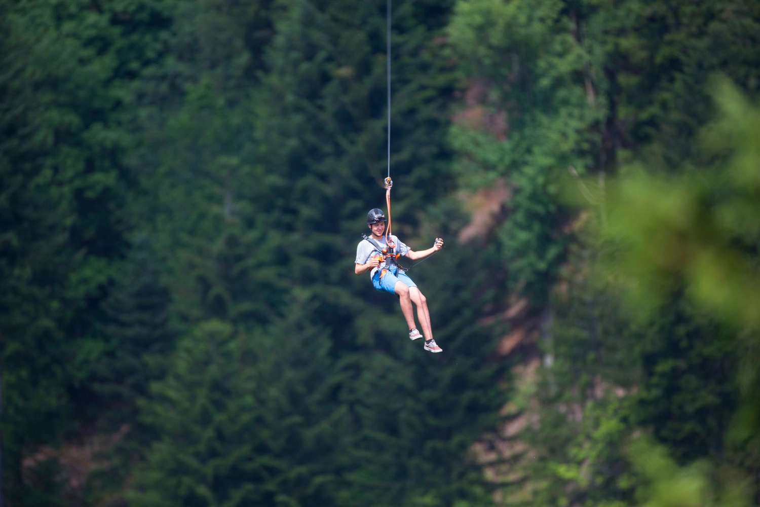 A person whizzes along a zipline high above a wooded valley.