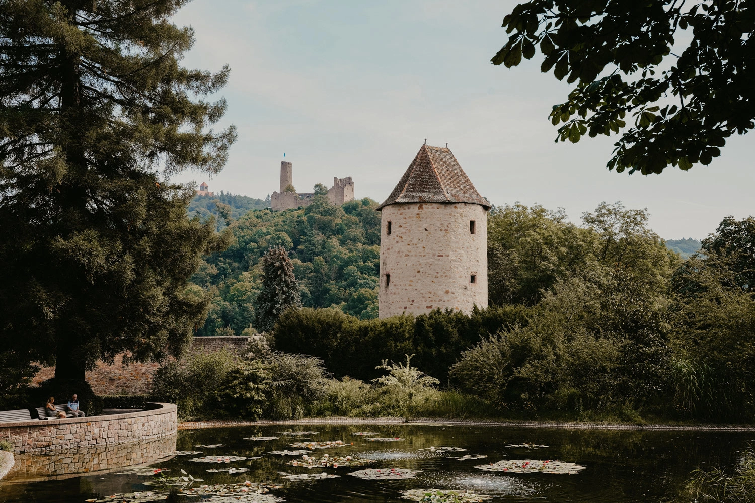 View of a tower on the water. Surrounded by green vegetation. A castle can be seen in the distance.