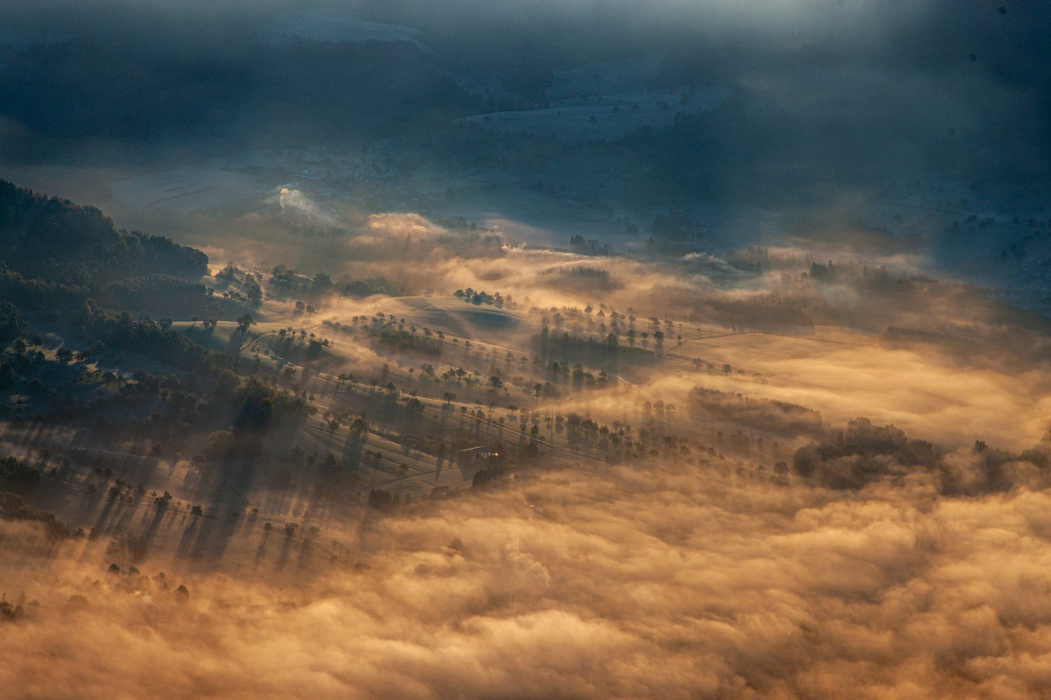 Landscape of the Swabian Alb in the morning light, with wisps of fog over fields and rows of trees casting long shadows.