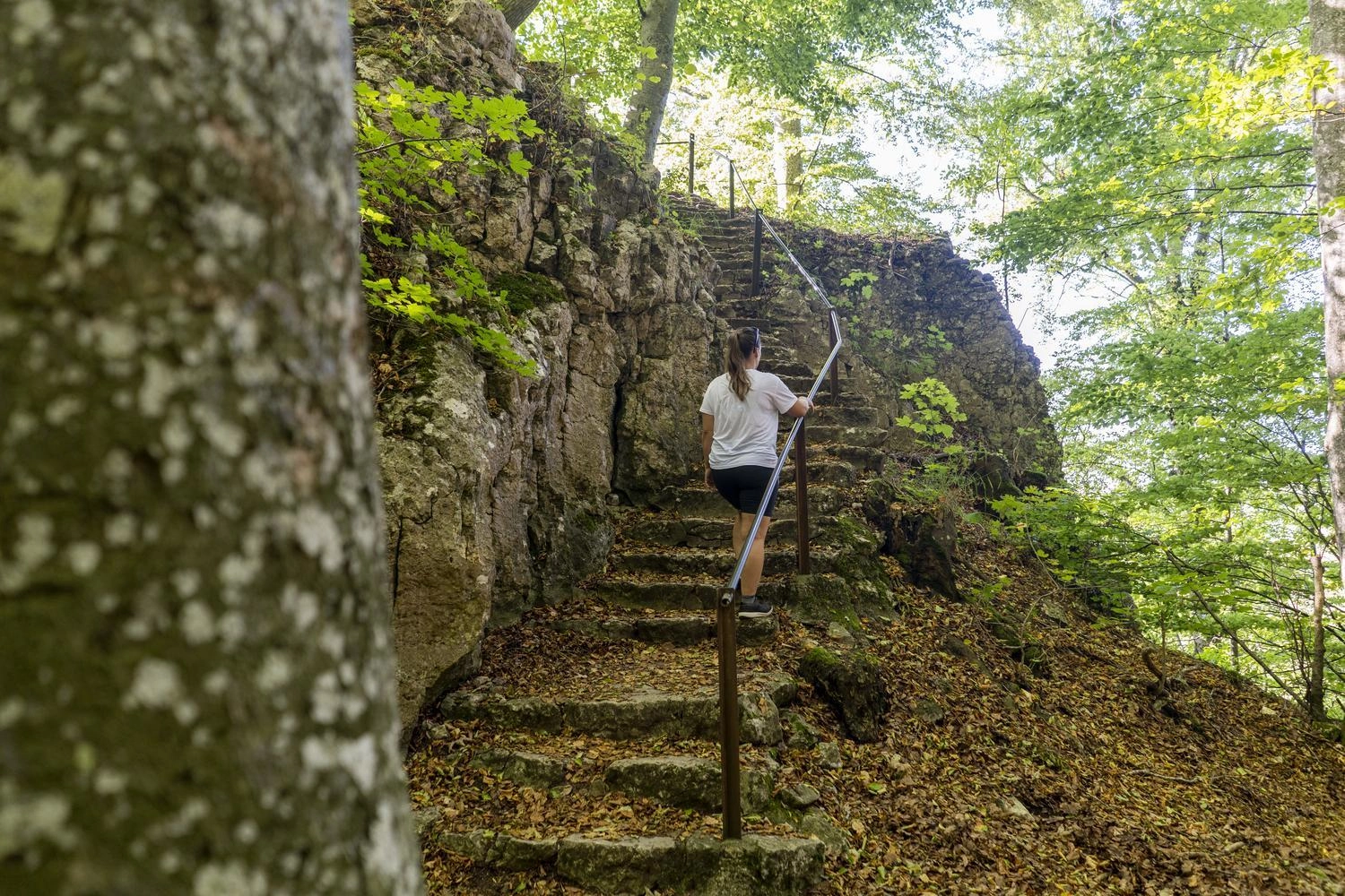 A woman is walking up a natural staircase covered in leaves in the woods.