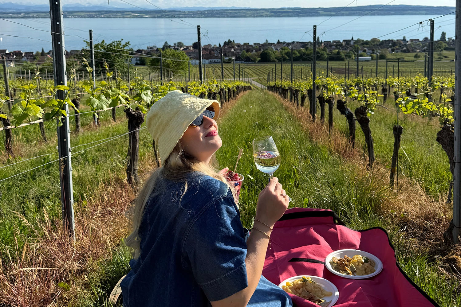 Frau genießt Picknick im Weinberg über dem Bodensee, hält ein Glas Weißwein; vermittelt Weintourismus, regionale Kulinarik und Aussicht nahe Meersburg.