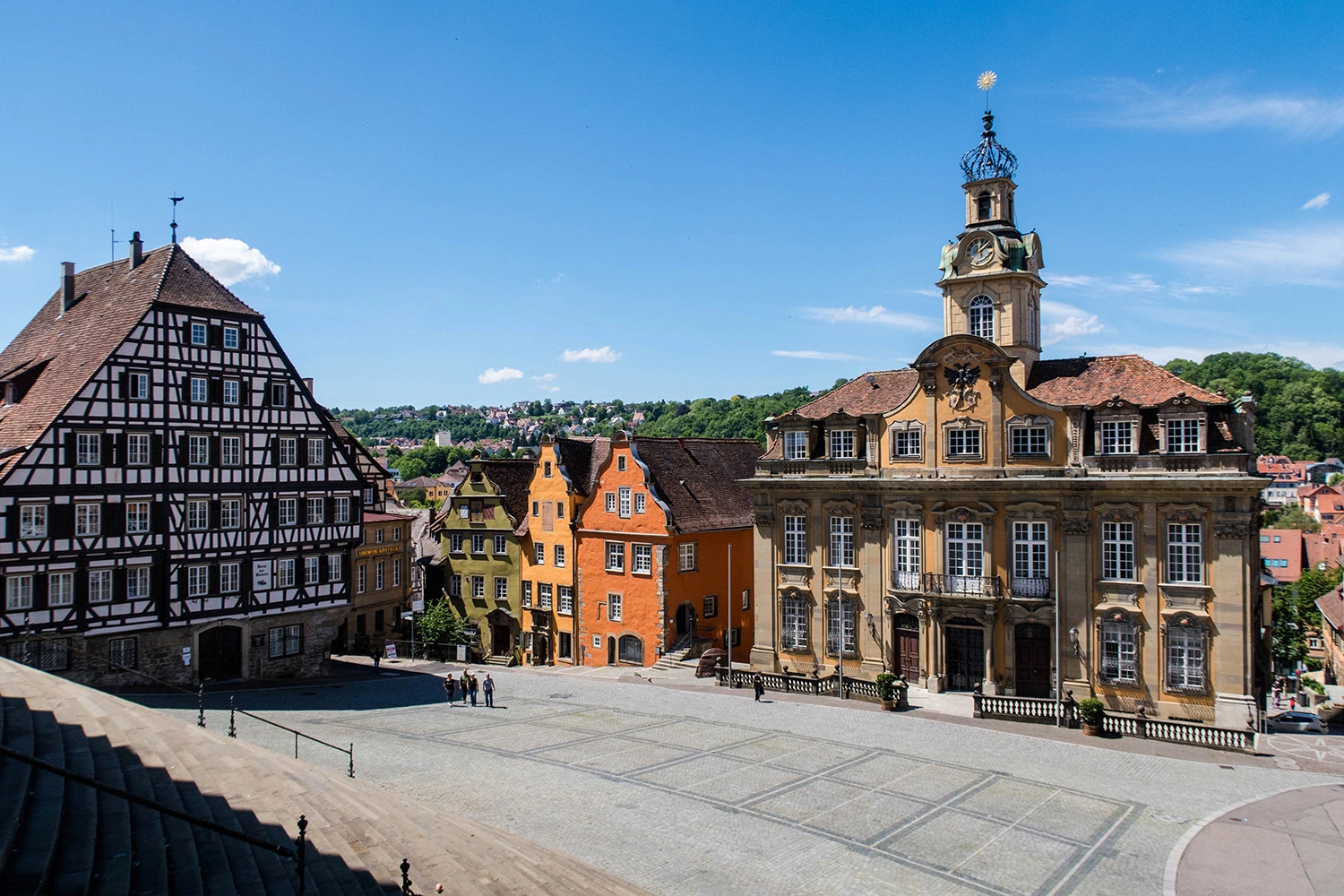 The market square of a small town with the town hall