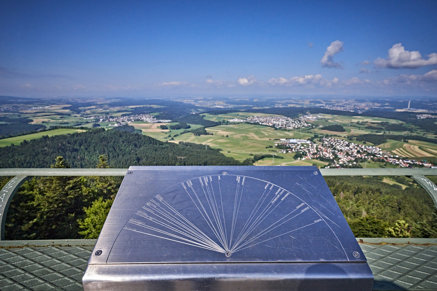 Panorama vom Lembergturm mit Blick über Felder, Wälder und Dörfer der Schwäbischen Alb, im Vordergrund eine Metalltafel mit Richtungsanzeige.