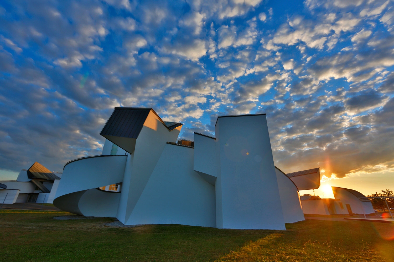 View of the Vitra Design Museum near Weil am Rhein at dusk