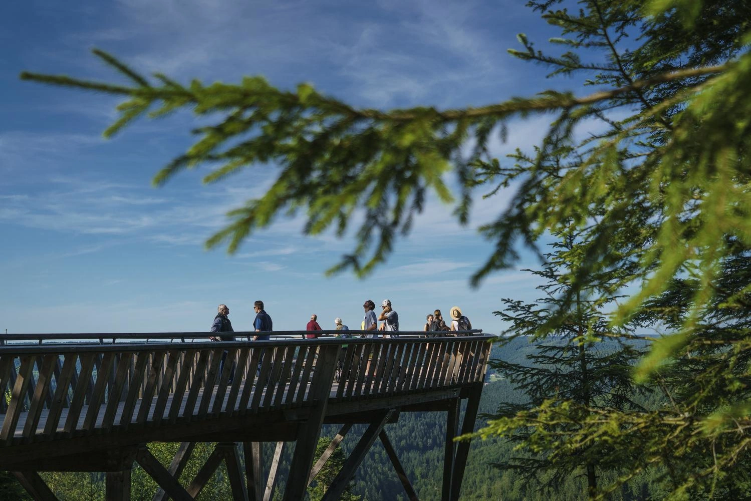 A few people are standing on a viewing platform, looking out over the vast, forested landscape.