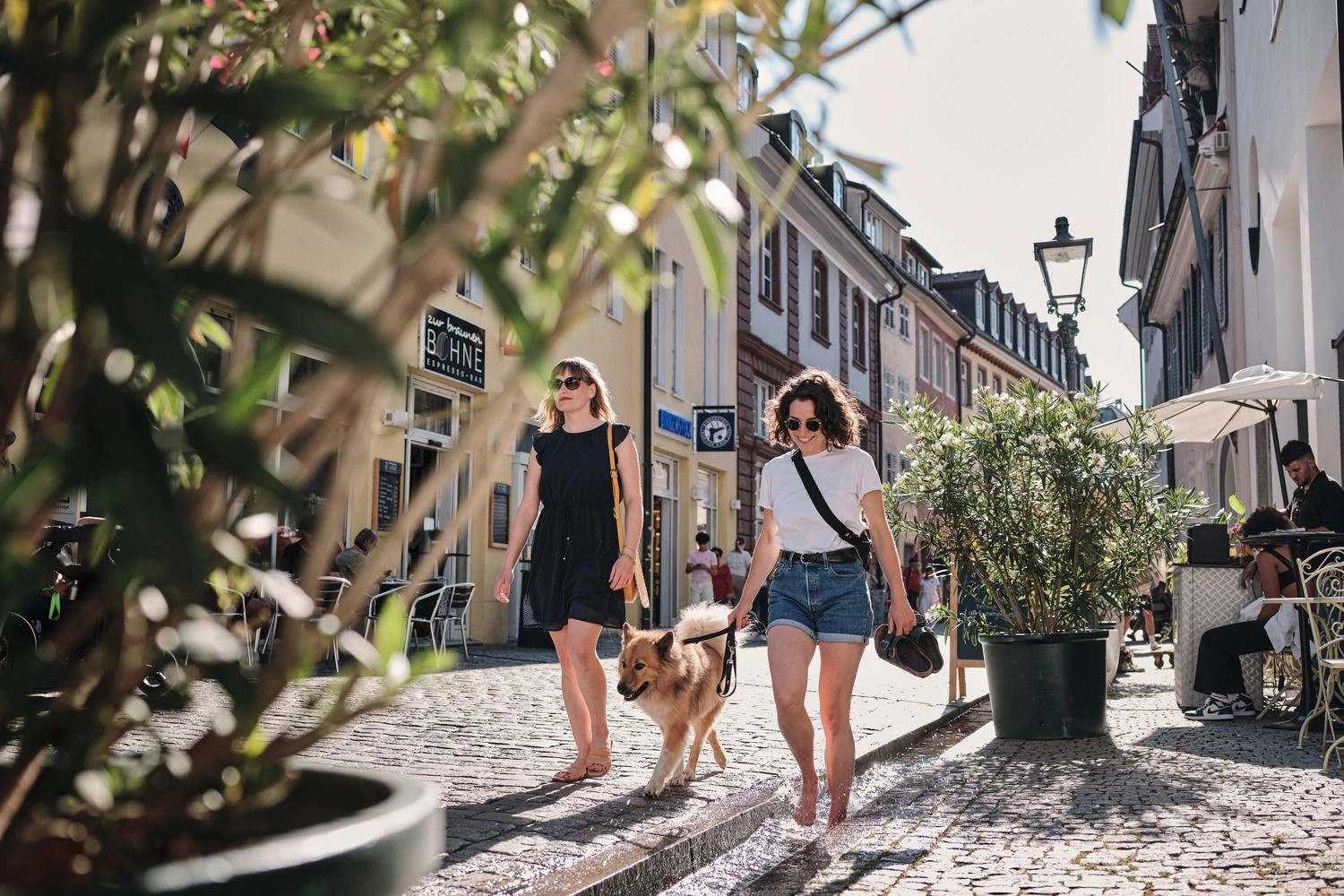 Zwei Frauen und ein Hund schlendern durch die Gassen einer Innenstadt. Ein der Frauen läuft barfuß durch einen kleinen Kanal.