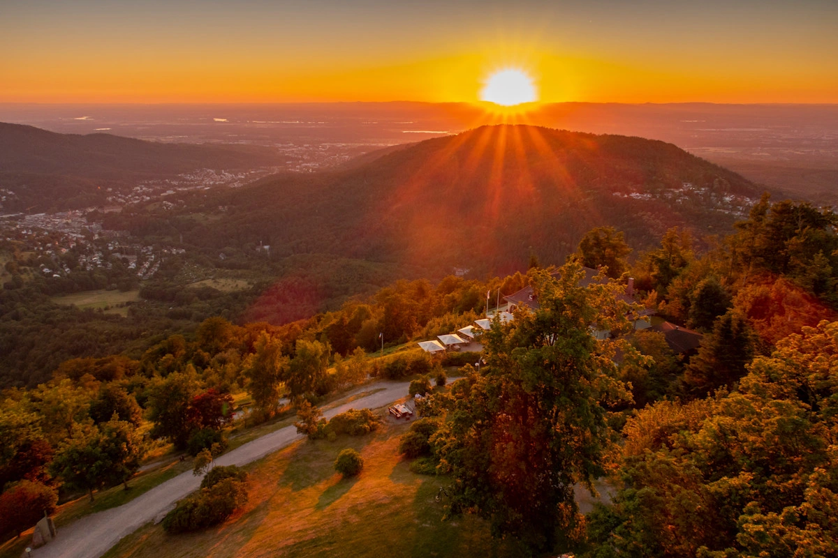 View over Baden-Baden from the local mountain Merkur at sunset.