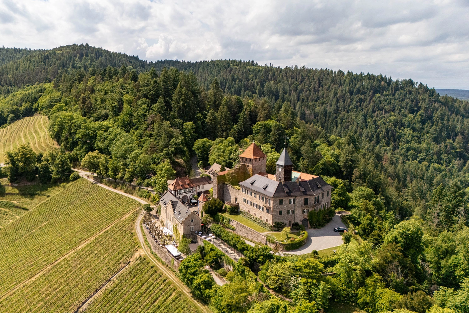 Aerial view of Eberstein Castle in the Black Forest, surrounded by vineyards and dense forest under a slightly cloudy sky.