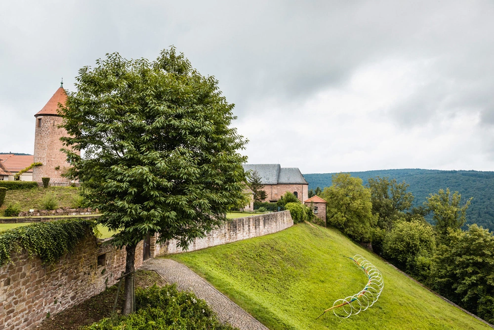 Eine Burgfeste mit Befestigungsmauern. Im Vordergrund ein Baum.