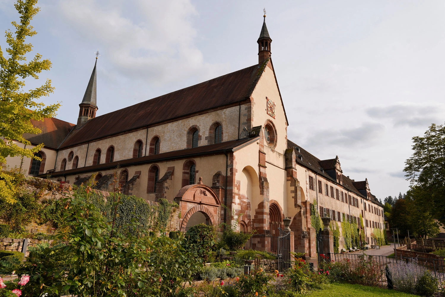 Kloster Bronnbach near Wertheim, with its historic abbey complex, church and garden in the Tauber Valley in autumn.