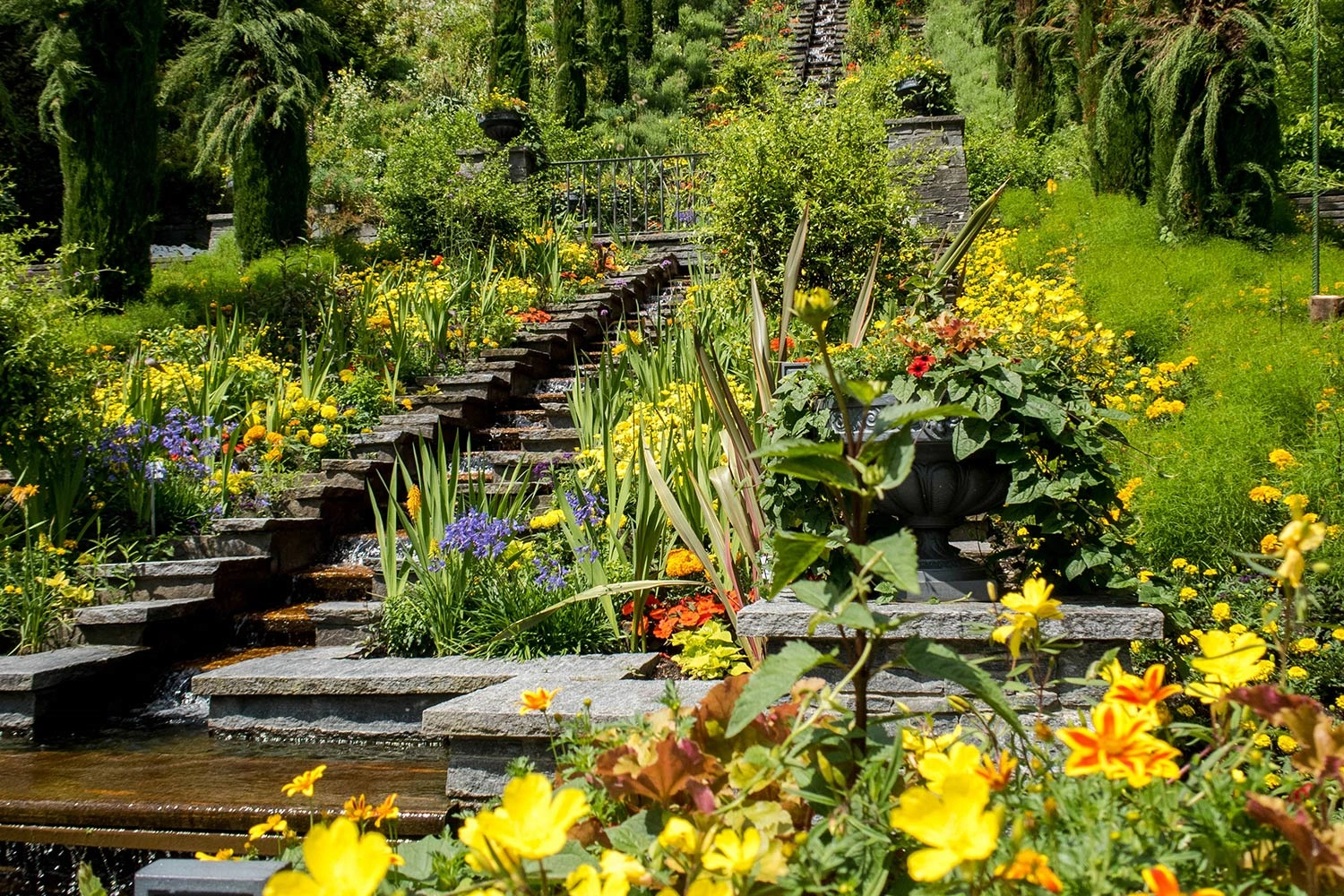 A lush stone staircase surrounded by flowers over which water flows.