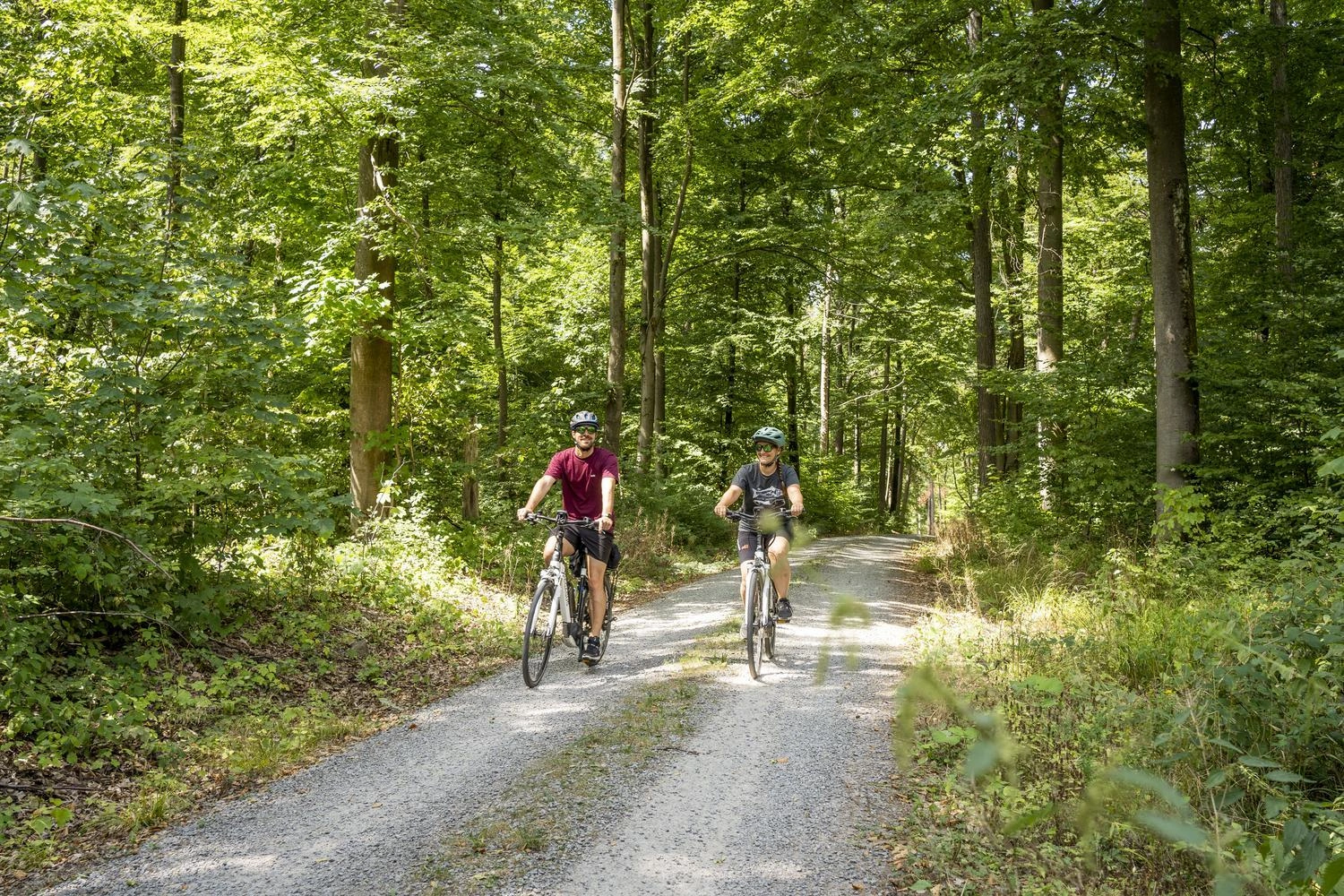 Zwei Personen fahren mit Fahrrädern auf einem Schotterweg durch einen grünen Laubwald.
