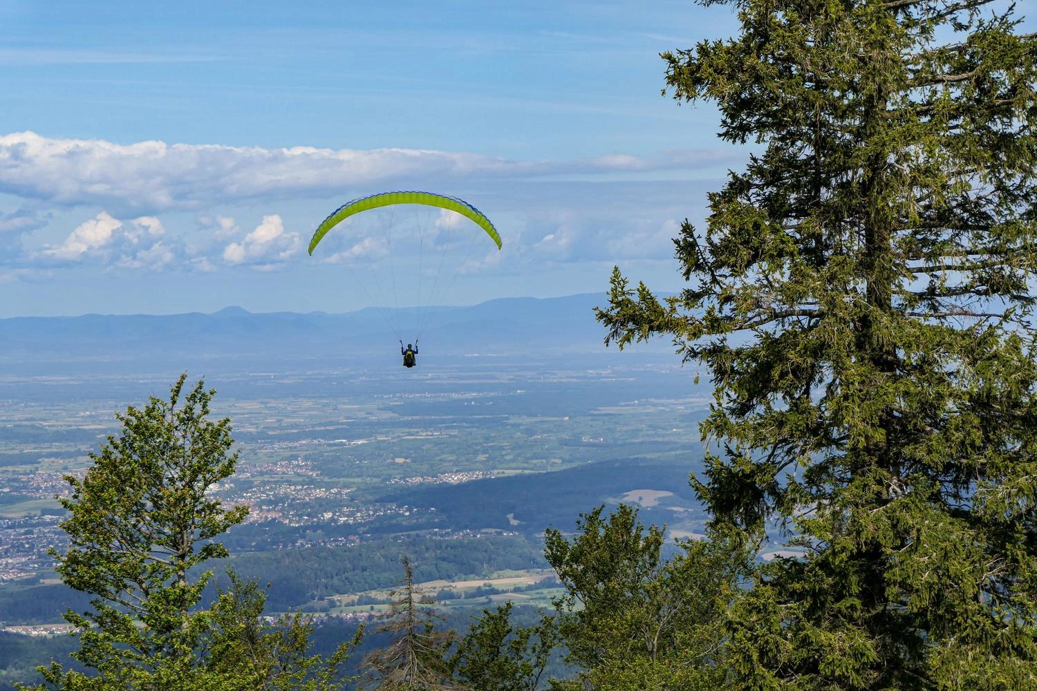 A paraglider hovers high above a vast landscape, surrounded by trees and overlooking valleys, fields, and distant hills.