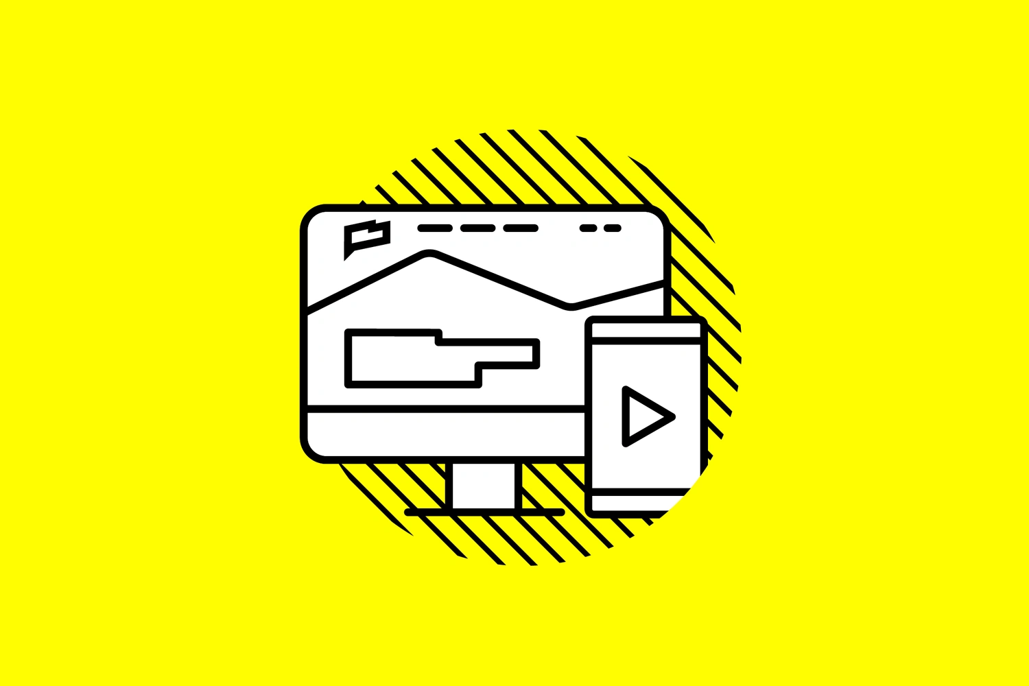 Outline of a comic computer on a yellow background.