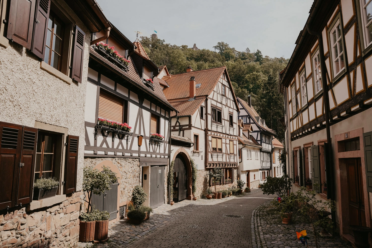 Winding alley with old half-timbered houses in the sunshine