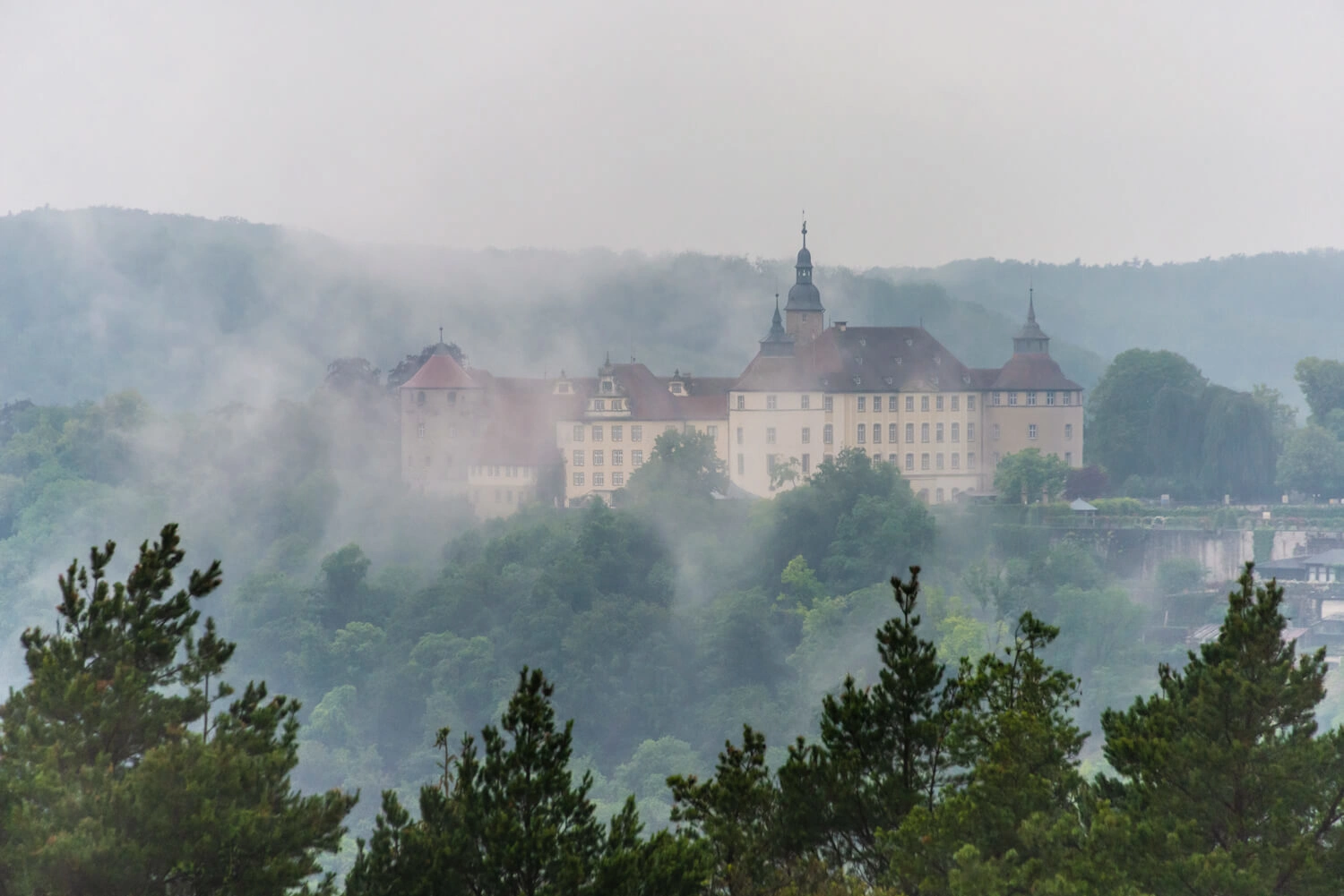 A castle standing behind thick fog and surrounded by trees.